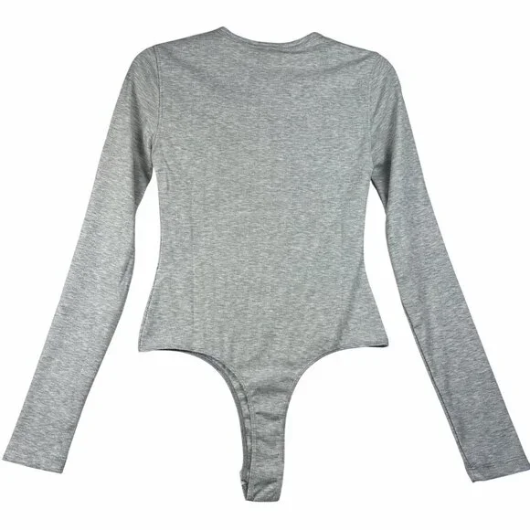 WeWoreWhat Womens Henley Bodysuit Gray Sz M Ribbed Long-Sleeve Comfy Stretch NWT - Picture 10 of 11
